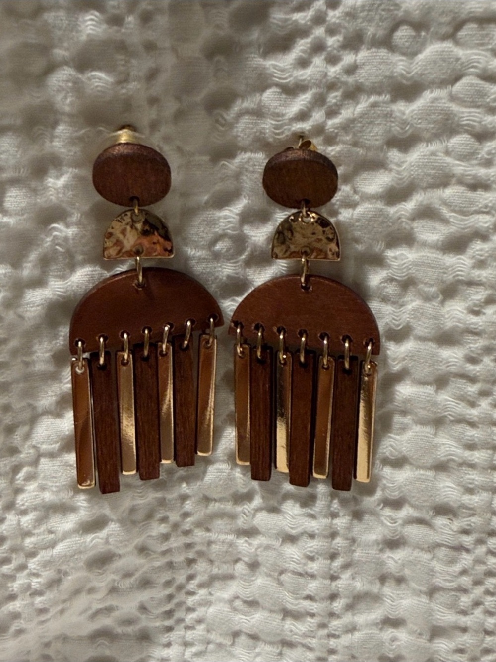 Wood and Gold Fringe Drop Earrings - Brown